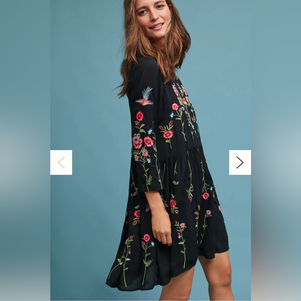 Anthropologie Black Floral Embroidered Midi Dress